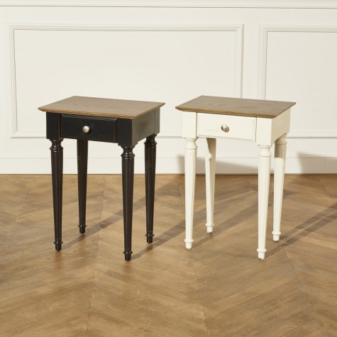 wood and black bedside table / wood and white bedside table