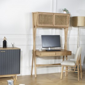 KITTY - Contemporary shelf desk in oak and cane