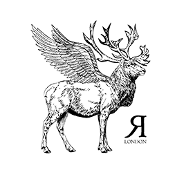 The Robin Interiors Logo - A stag with wings with a reverse R underlined with the word London
